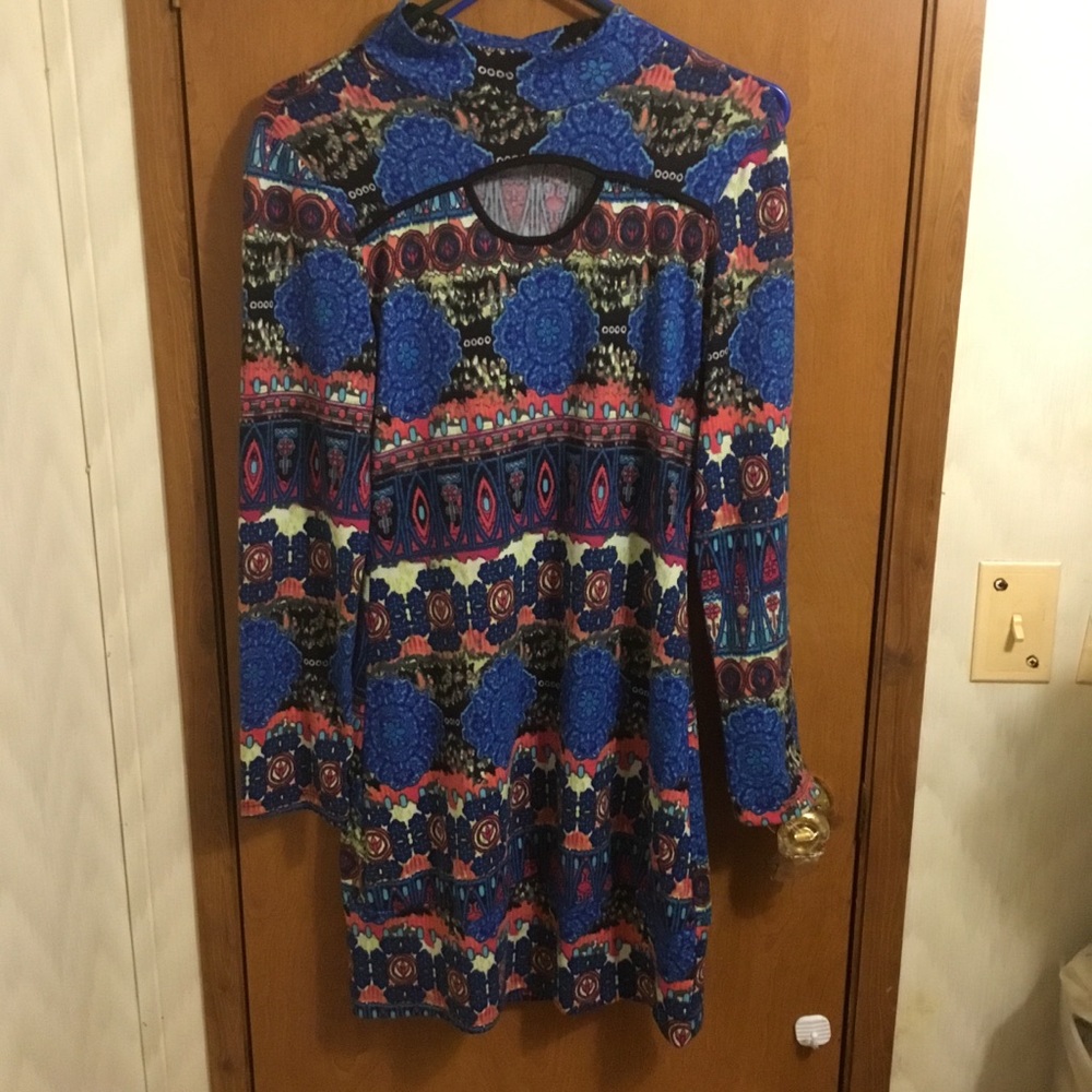Blue Mock  Key Hole Neck Long Sleeve Bodycon Mini Dress XL